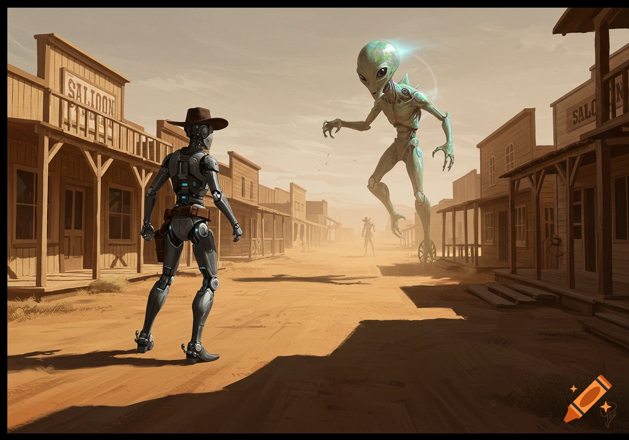 A robot cowboy faces off against a large alien in a dusty Old West town.