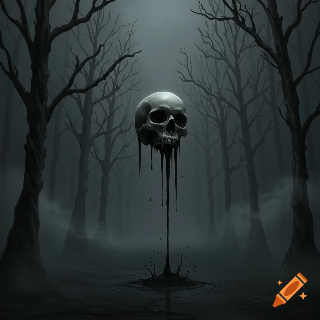 A haunting skull dripping black liquid, suspended over a puddle in a dark, foggy forest with bare trees.