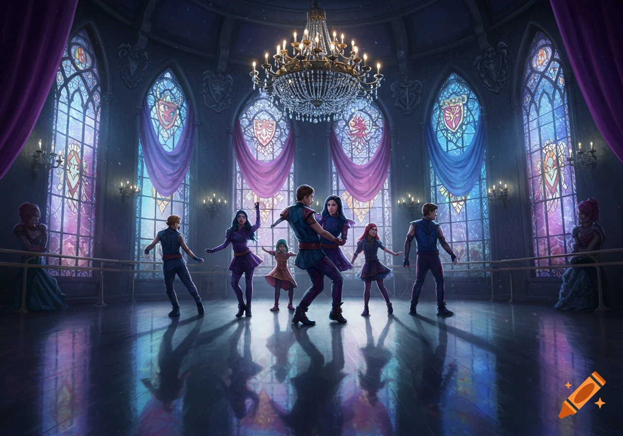 Characters dance in a grand, Gothic-style hall with large stained-glass windows and a chandelier, in a Disney animation style.