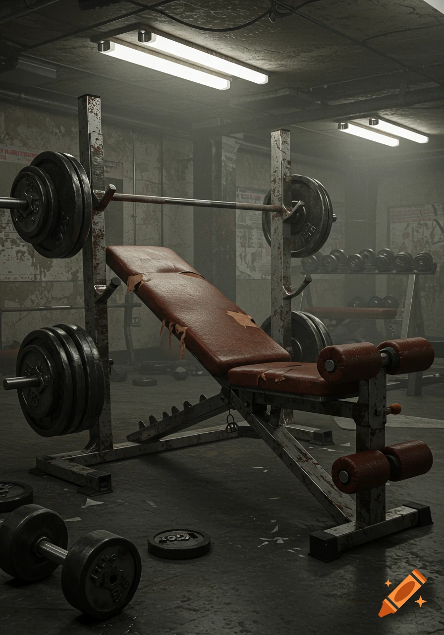 A photorealistic image of a dilapidated and rusty weight bench in a grimy, dimly lit gym with various weights and exercise equipment around.