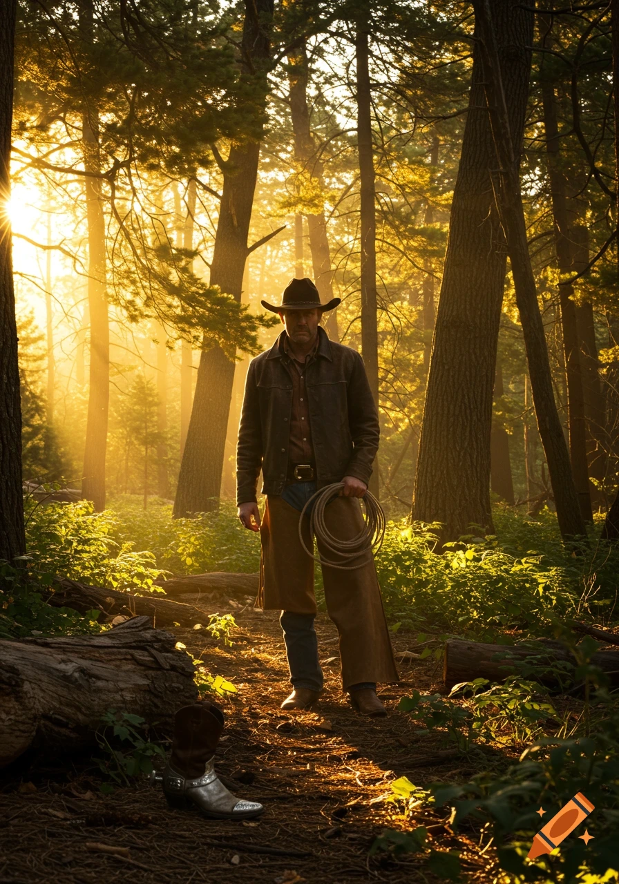 A cowboy in a hat and chaps stands holding a lasso in a sunlit forest, with a boot on the ground.
