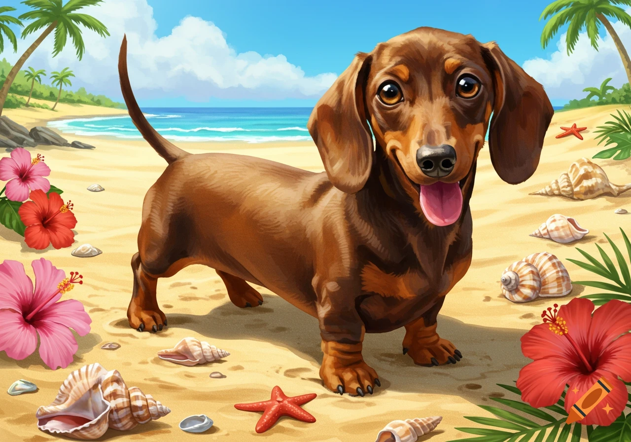 A cute brown dachshund stands on a sandy beach surrounded by seashells and pink and red hibiscus flowers, with palm trees and a blue ocean in the background.