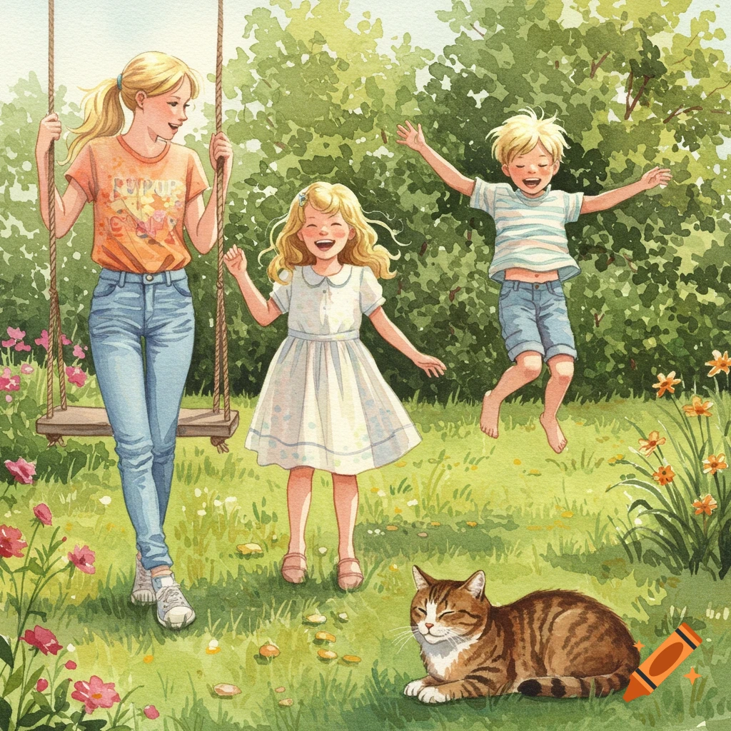Vintage watercolor of three blonde children playing in a sunny garden with a tabby cat.