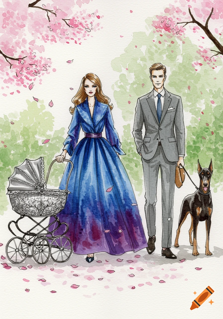 Watercolor and ink fashion illustration of a woman pushing a baby buggy, a man walking a Doberman, under cherry blossoms.
