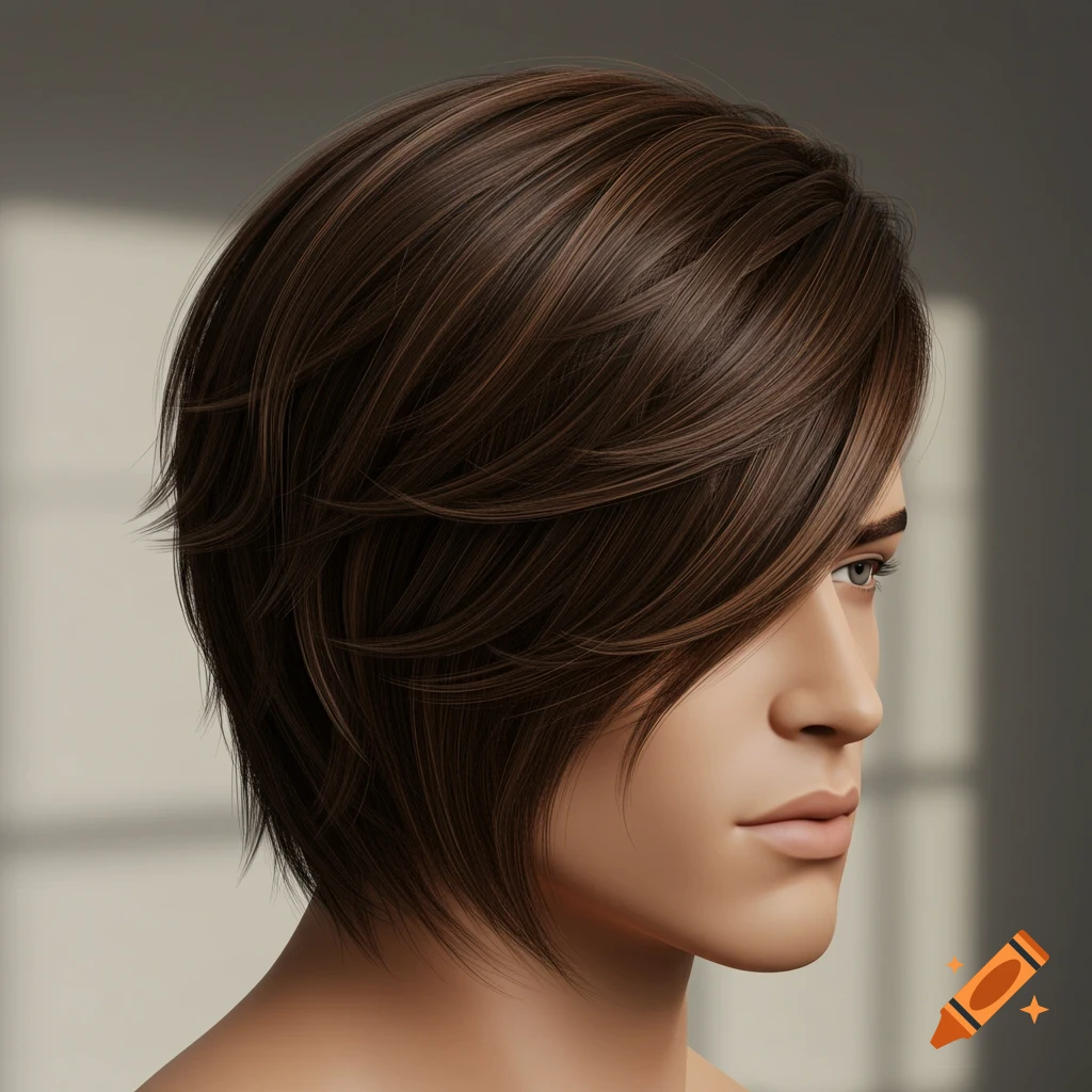 A stylized profile of a person with short, layered brown hair featuring a swept fringe covering half the forehead.