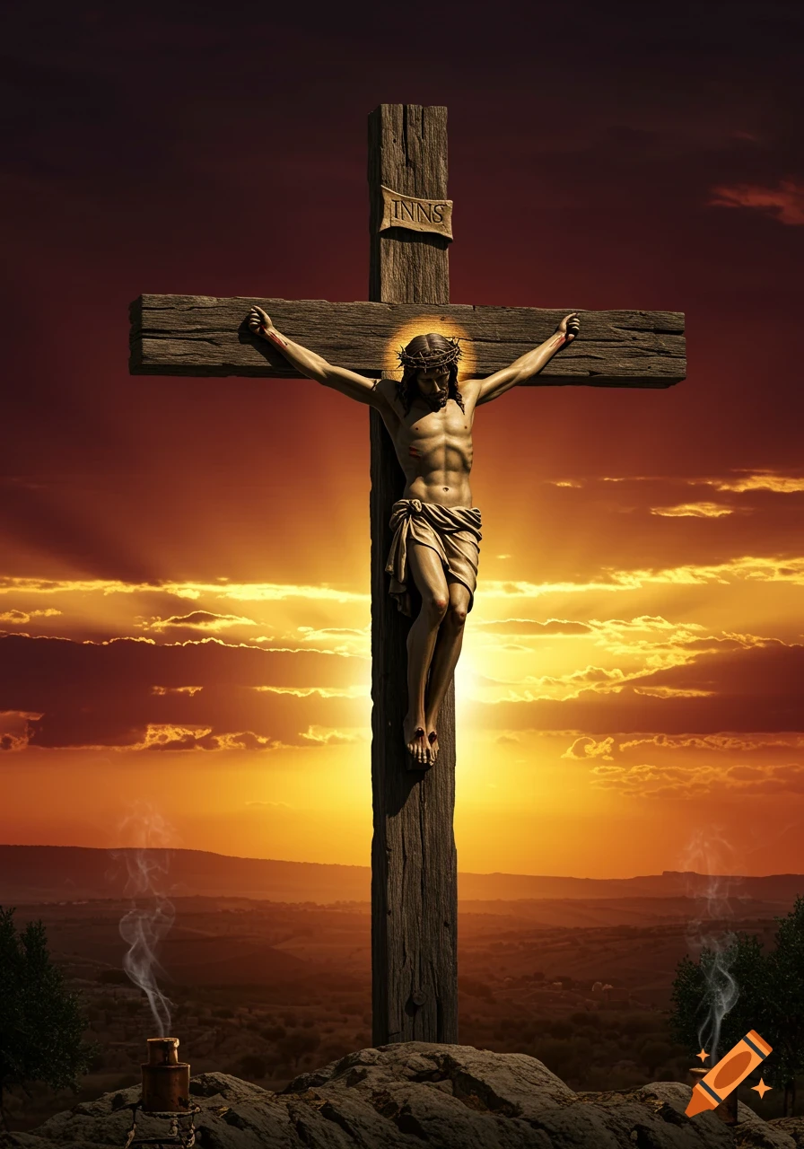 A statue of Jesus Christ is crucified on a wooden cross, bathed in the golden light of a dramatic sunset over rolling hills.
