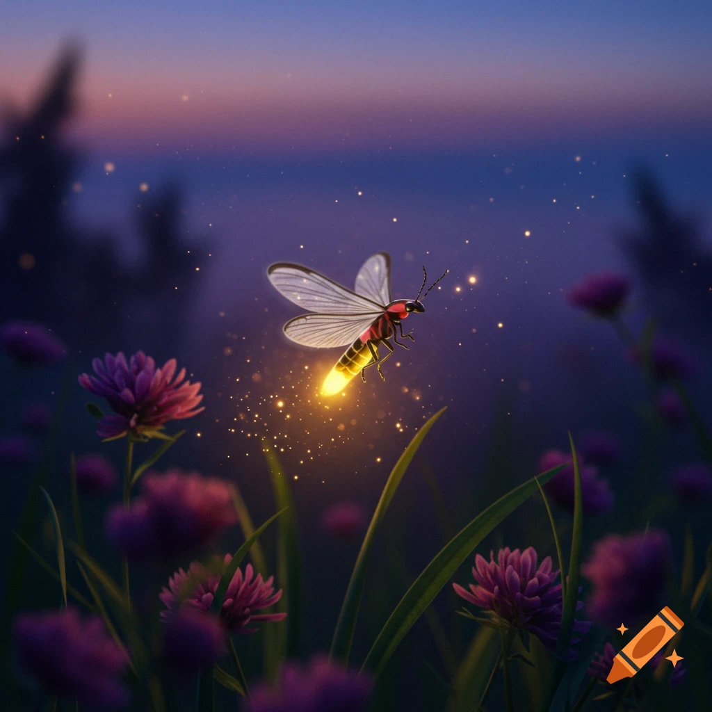 A close-up illustration of a glowing firefly flying over a field of purple flowers at dusk, with sparkling light trails.