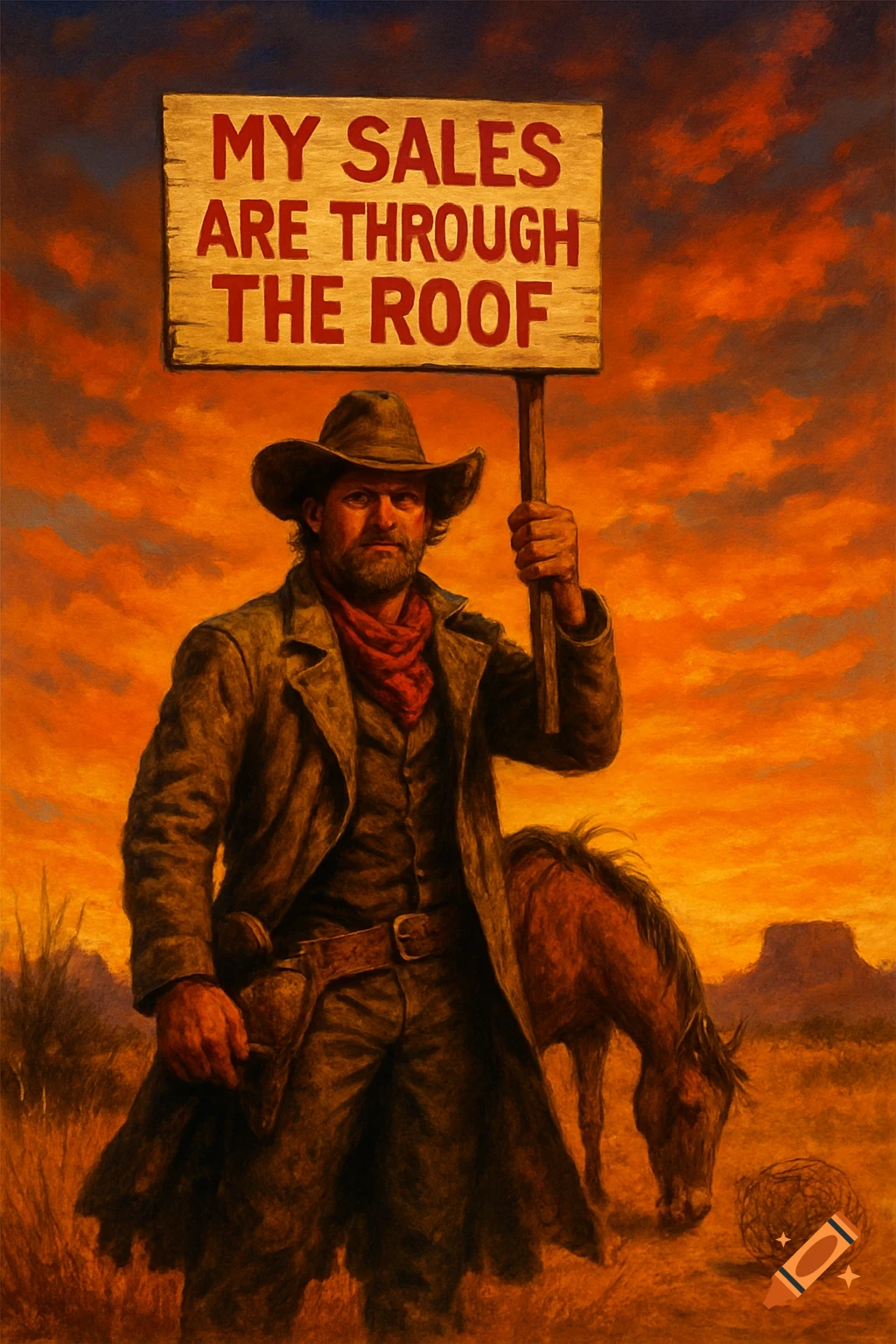 A cowboy with a beard and hat holds a wooden sign that reads 'MY SALES ARE THROUGH THE ROOF' in a vibrant orange desert landscape with a horse.
