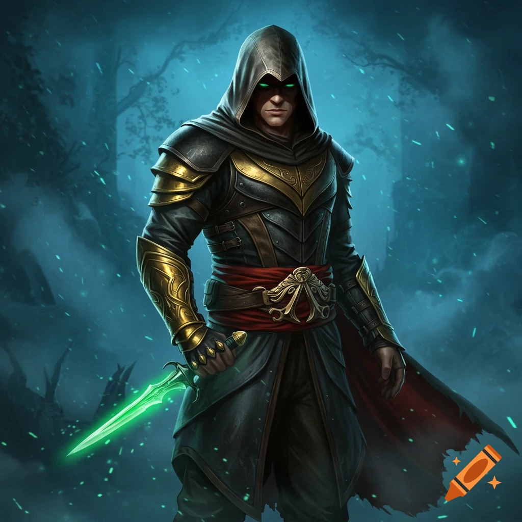 A dark fantasy hero in a hood and armor holds a glowing green dagger in a misty forest.