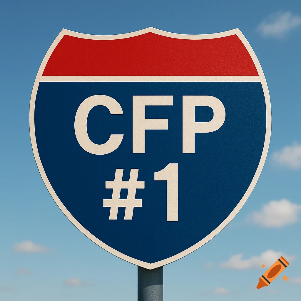 An American interstate highway sign displaying the text "CFP #1" against a bright blue sky with sparse clouds.