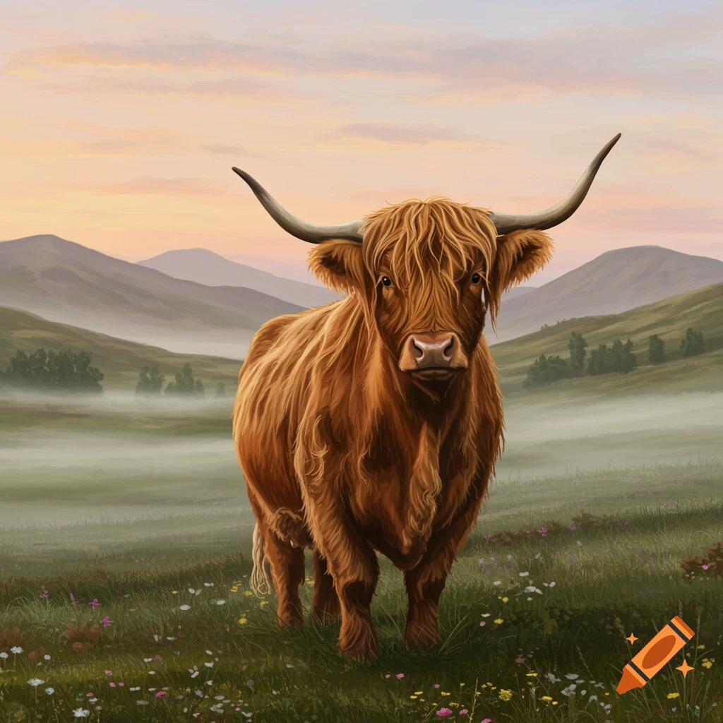 A shaggy brown Highland cow stands in a misty, flower-dotted field with rolling hills and a pastel sunrise sky.