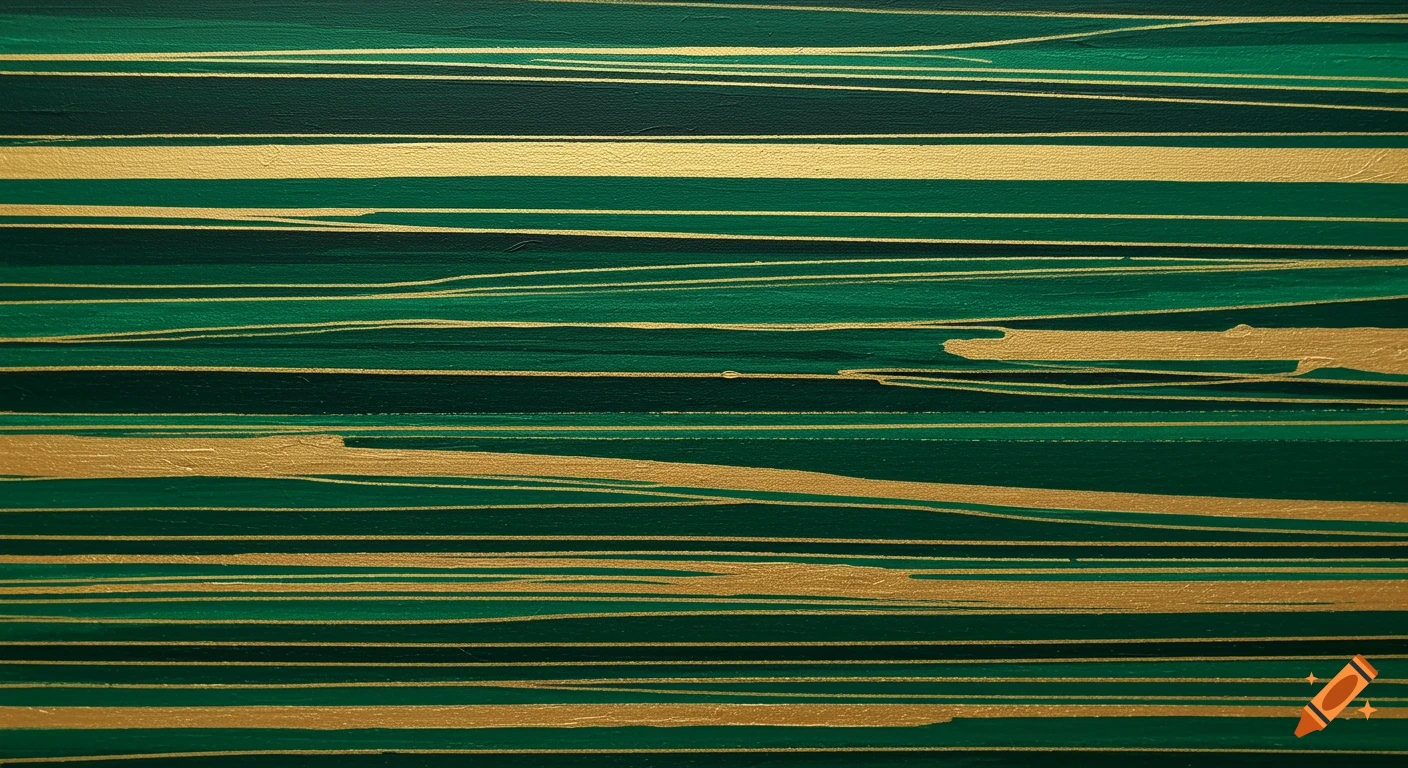 Abstract painting with horizontal green and gold lines of varying thickness.