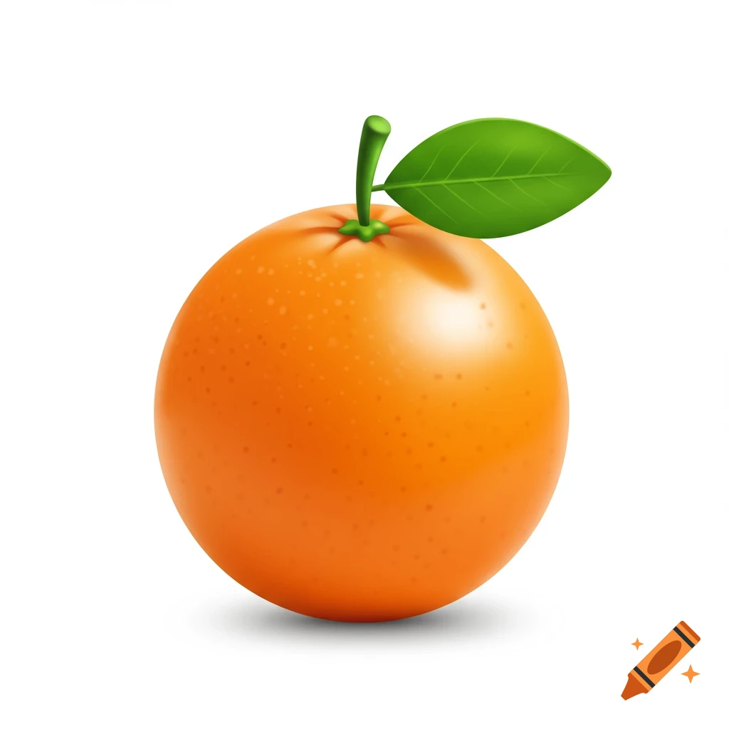 A vibrant orange fruit with a green stem and leaf, depicted as a clean icon on a white background.