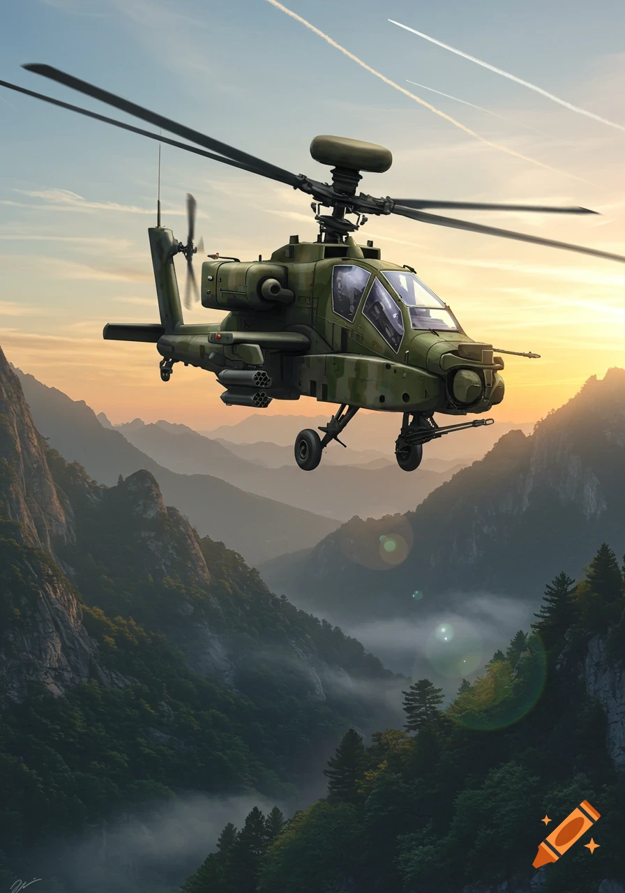 A photorealistic military attack helicopter flies over misty, forested mountains at sunset, with contrails in the sky.
