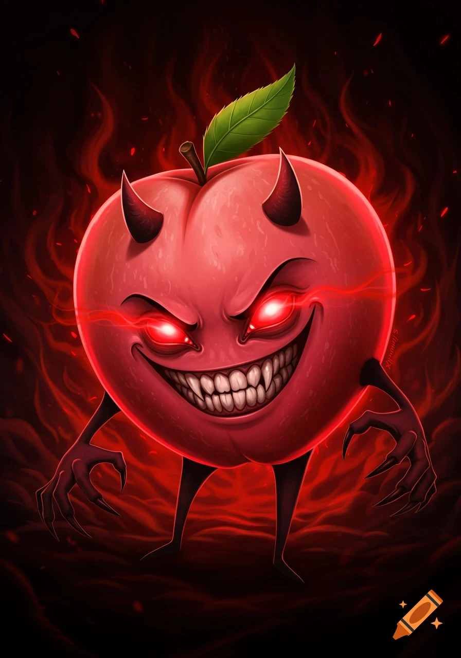 Sinister anthropomorphic peach with devil horns, glowing red eyes, sharp fangs, and villainous claws against a fiery red background in anime-horror style.