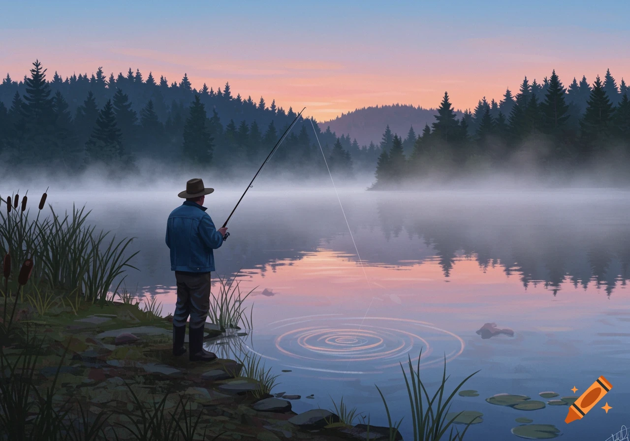 A lone fisherman stands by a misty lake at sunrise, casting a line into the water with forest in the background.
