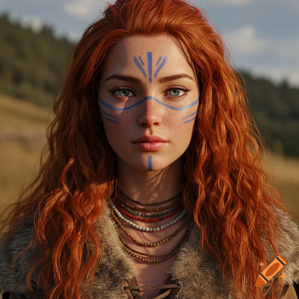 Close-up photorealistic portrait of a young woman with long red hair, blue tribal face markings, and a rustic fur-lined garment, outdoors.