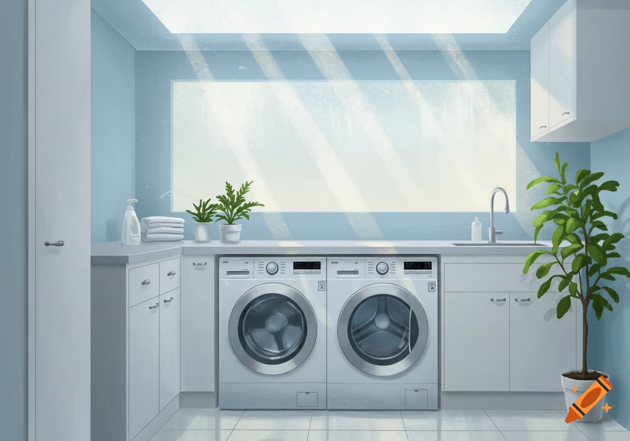 A clean, modern laundry room with light blue walls, two washing machines, a sink, and potted plants under a large window with sunlight.