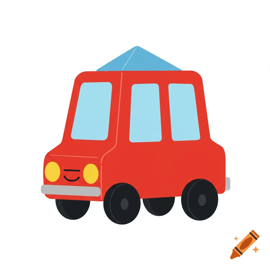 Cute cartoon red car with blue windows, yellow headlights, black wheels, and a light blue triangular roof on a white background.
