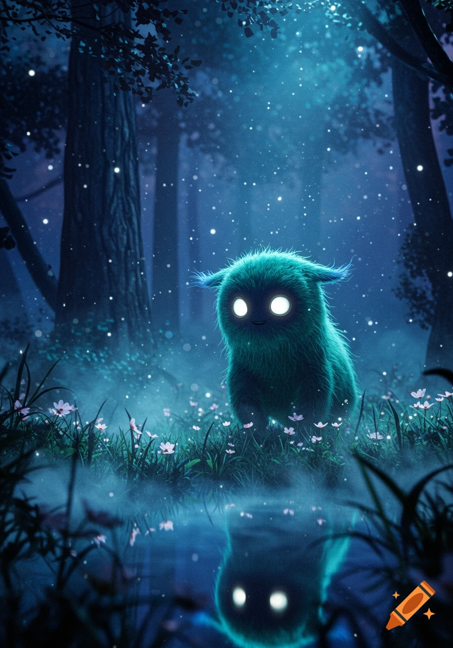 A glowing, furry, teal creature with big eyes stands in a dark, mystical forest with reflective water and glowing spores.