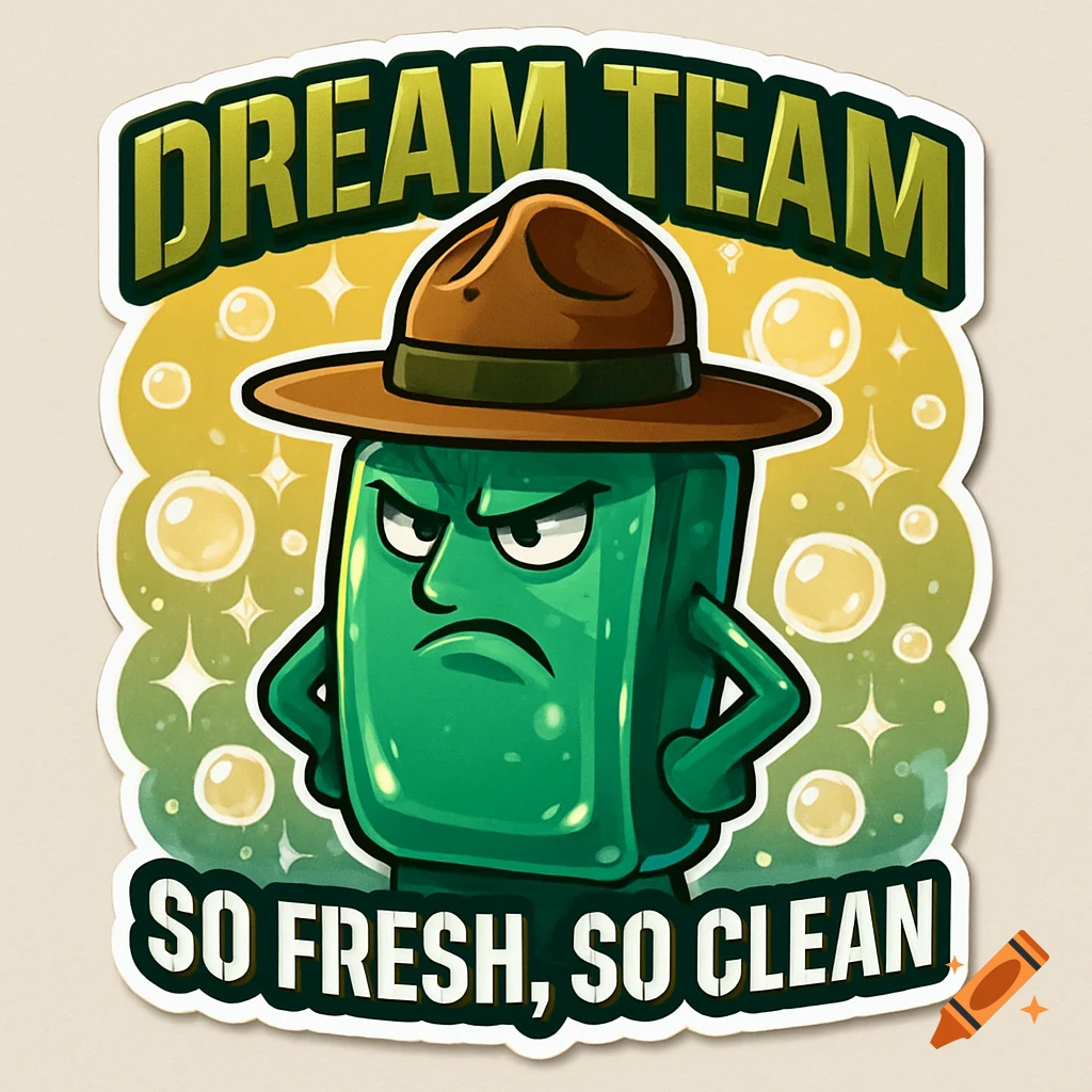 A cartoon sticker of an angry green bar of soap wearing a drill sergeant hat, with 'DREAM TEAM' above and 'SO FRESH, SO CLEAN' below on a bubbly yellow background.