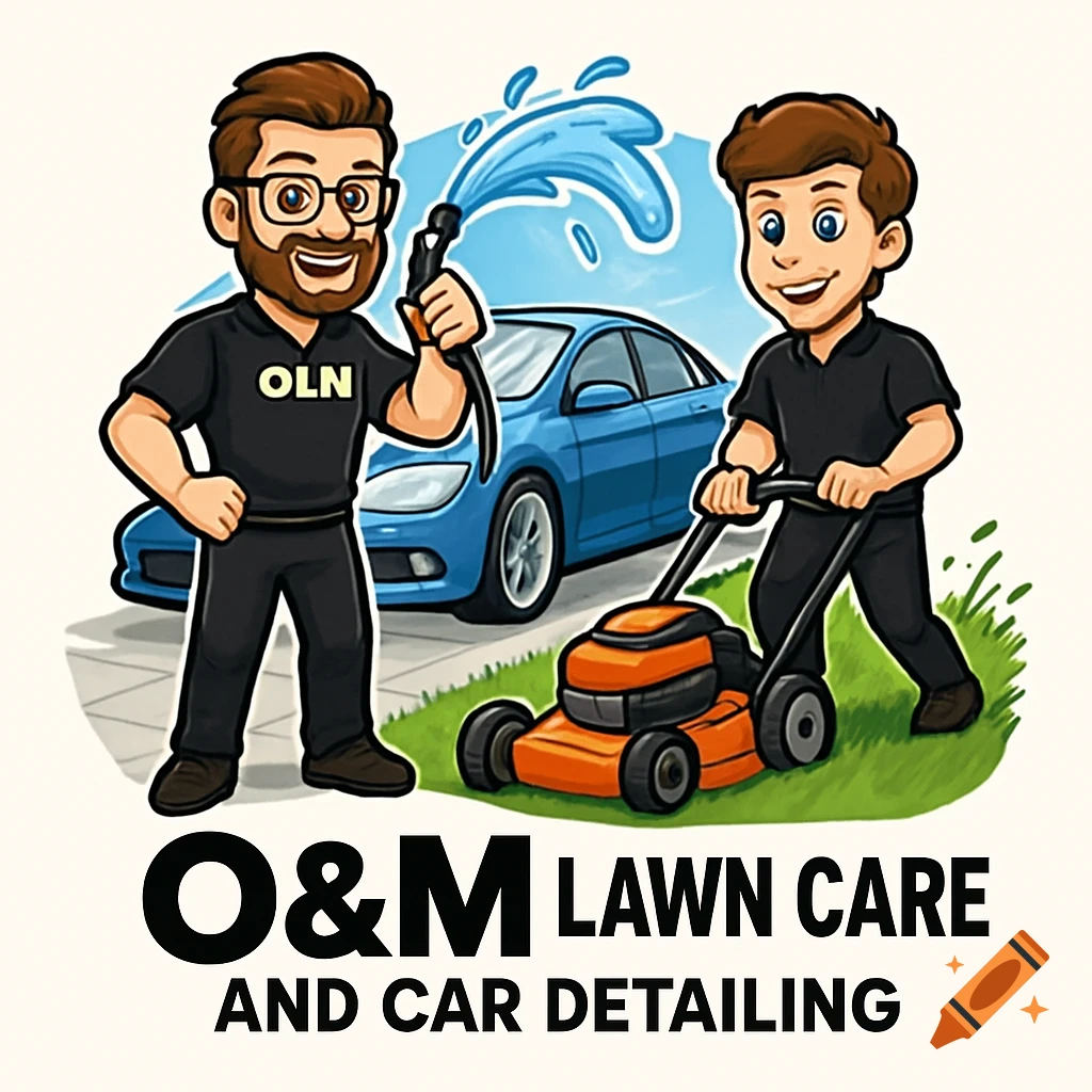 Animated logo for 'O&M Lawn Care and Car Detailing' featuring two men, one washing a blue car and one mowing grass.