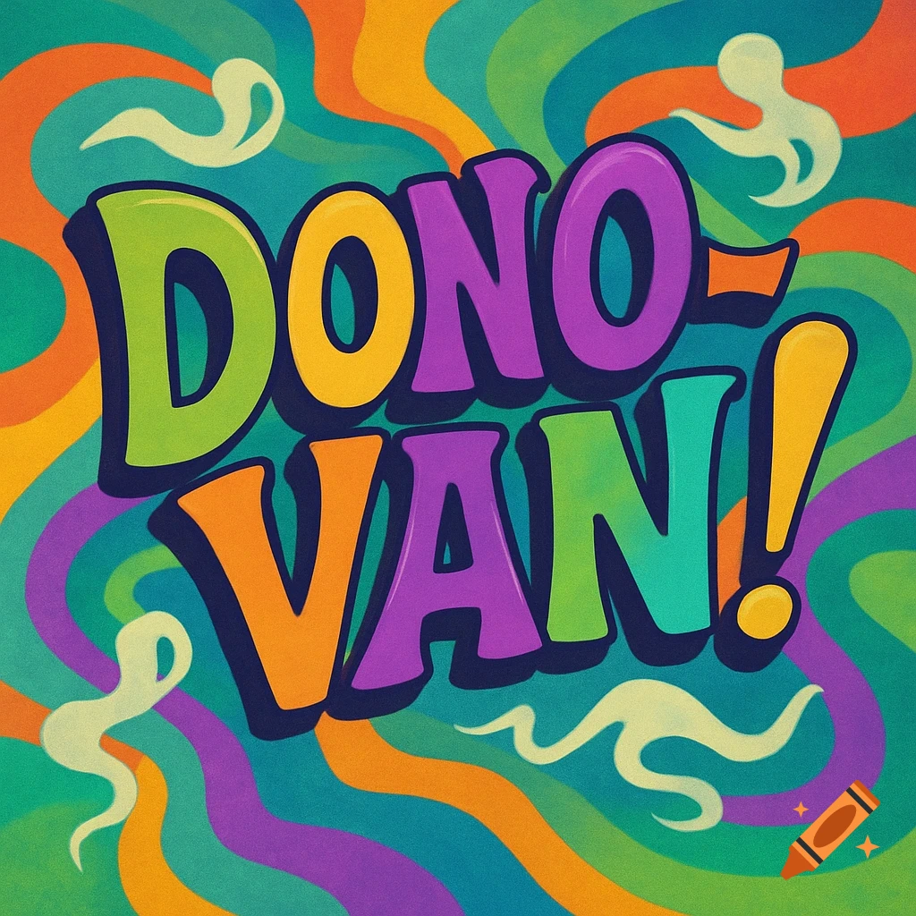 Bold, multi-colored 'DONO-VAN!' text with a dark outline, set against a swirling psychedelic background of vibrant greens, oranges, purples, and blues.
