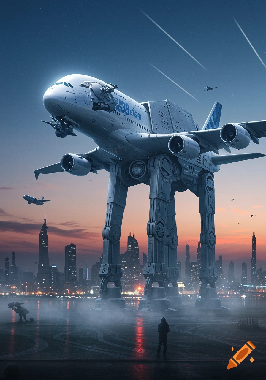 A giant aircraft with AT-AT legs stands over a futuristic city at sunset, observed by a lone figure, in a photorealistic style.