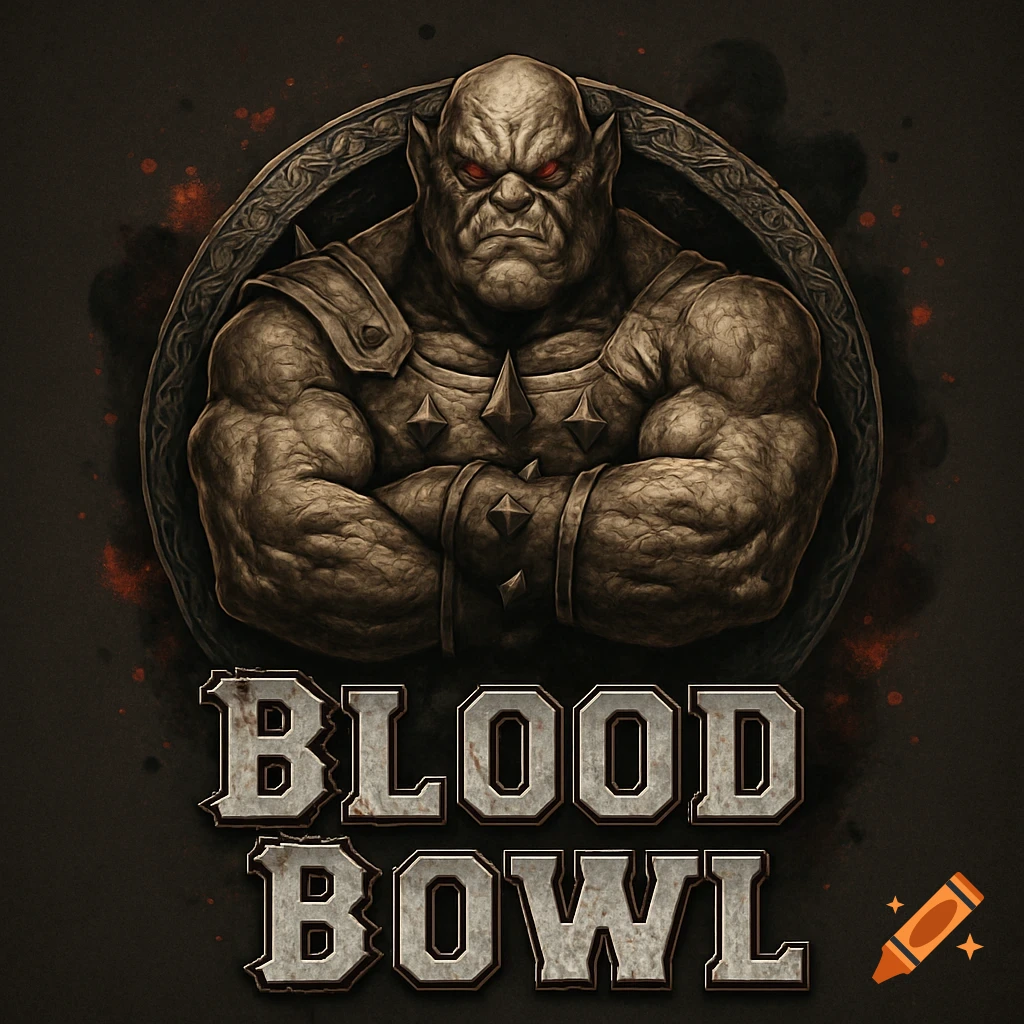 A logo for Blood Bowl featuring a muscular ogre with red eyes and armor, set within an ornate circular border with text 'BLOOD BOWL' below.