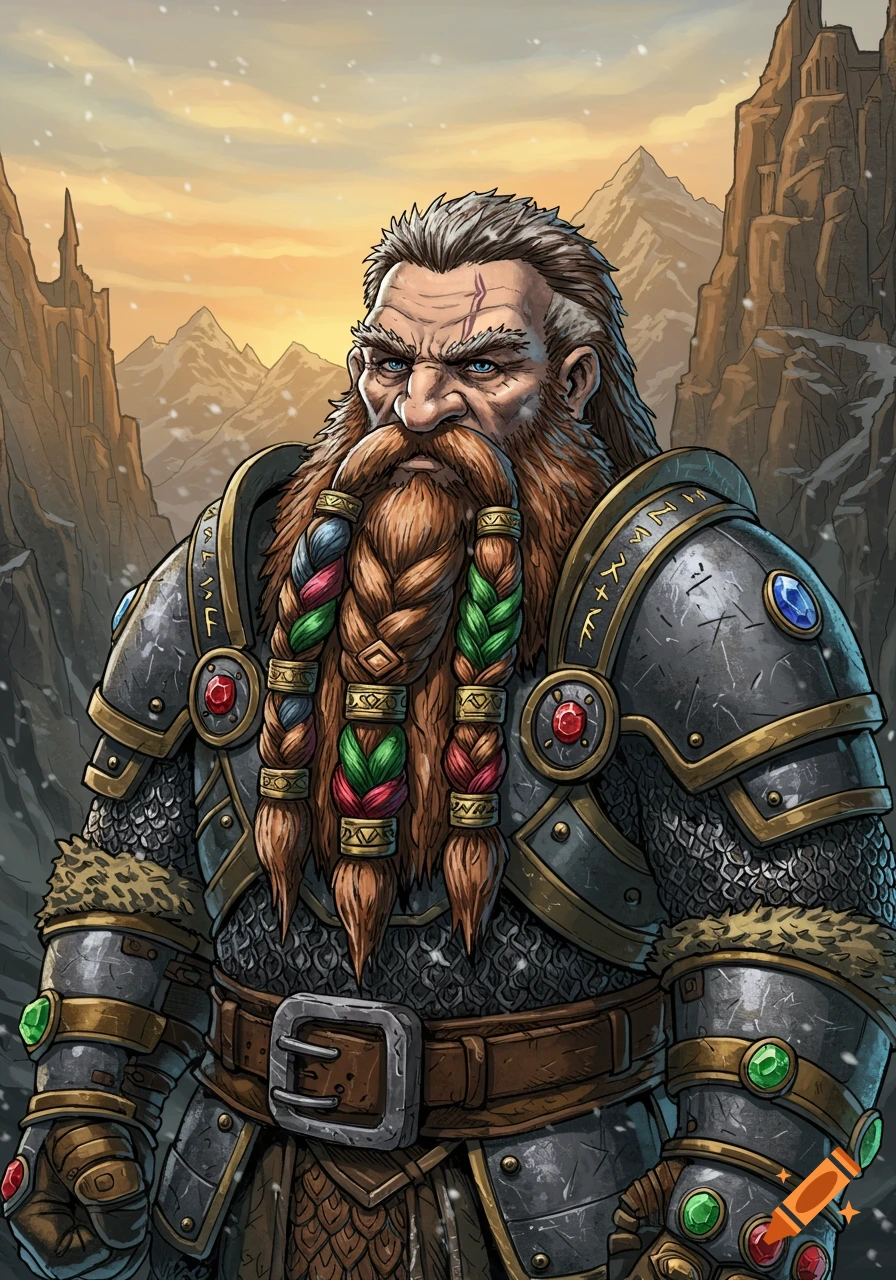 A fantasy illustration of a mountain dwarf warrior with a long, multicolored braided beard, wearing heavy armor in snowy mountains.