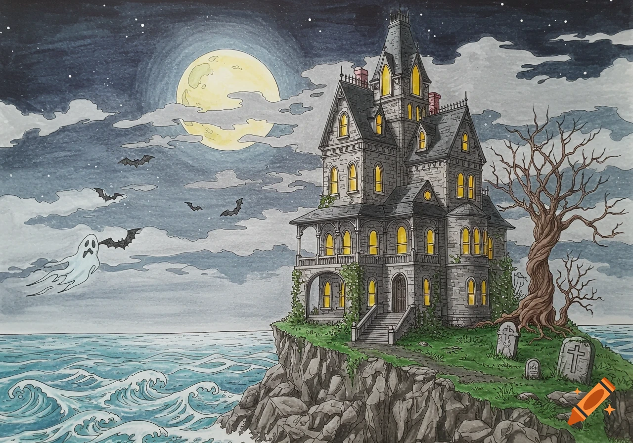 A spooky haunted mansion on a cliff overlooking the ocean at night, with a full moon, bats, and a ghost, in a coloring book style.