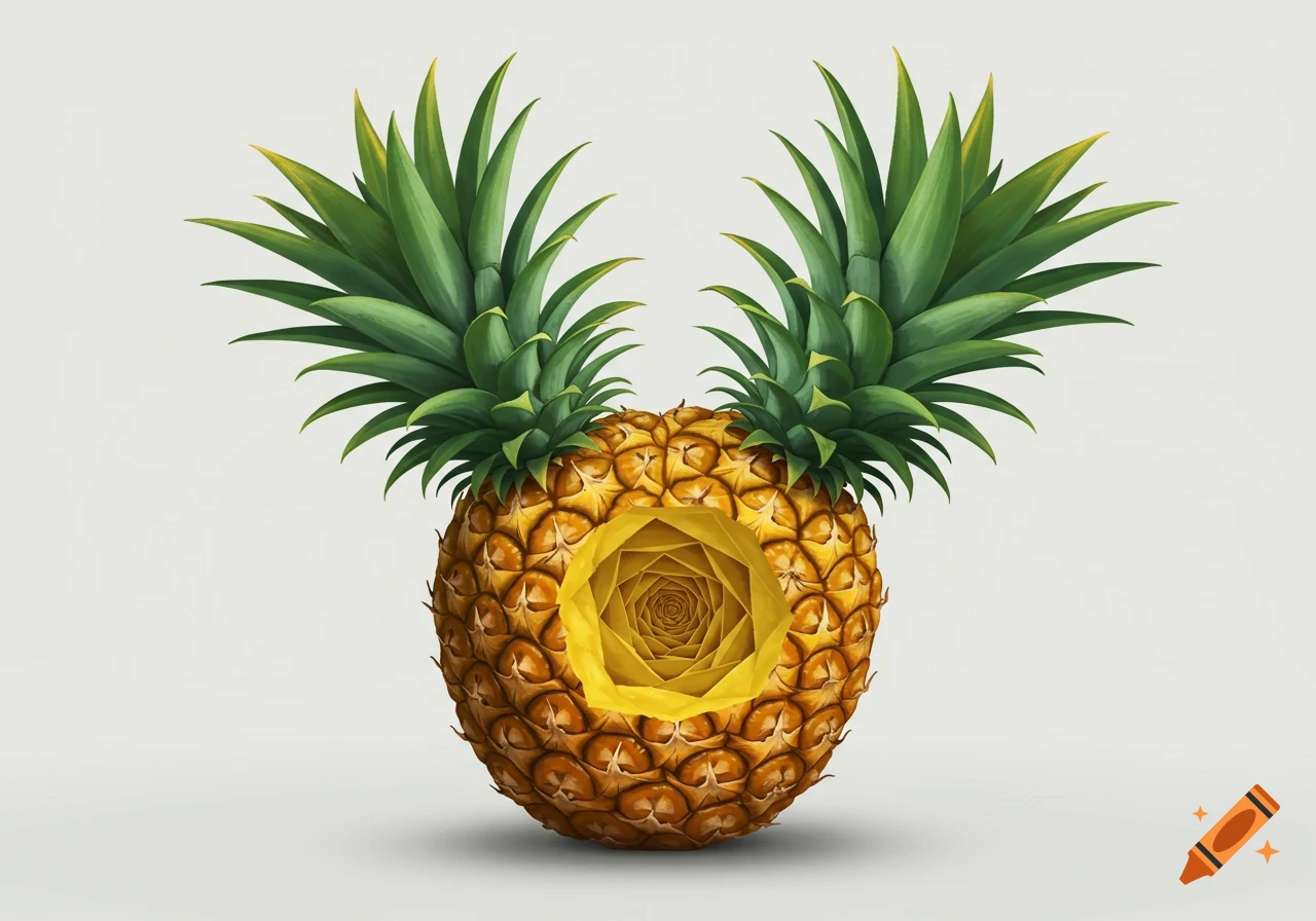 A pineapple with two green tops and a spiraling yellow optical illusion carved into its center on a white background.
