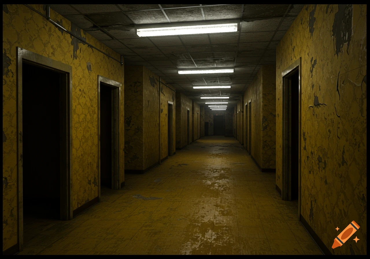 A long, dark, empty hallway with peeling yellow wallpaper and fluorescent lights, depicting a liminal and eerie backroom space.