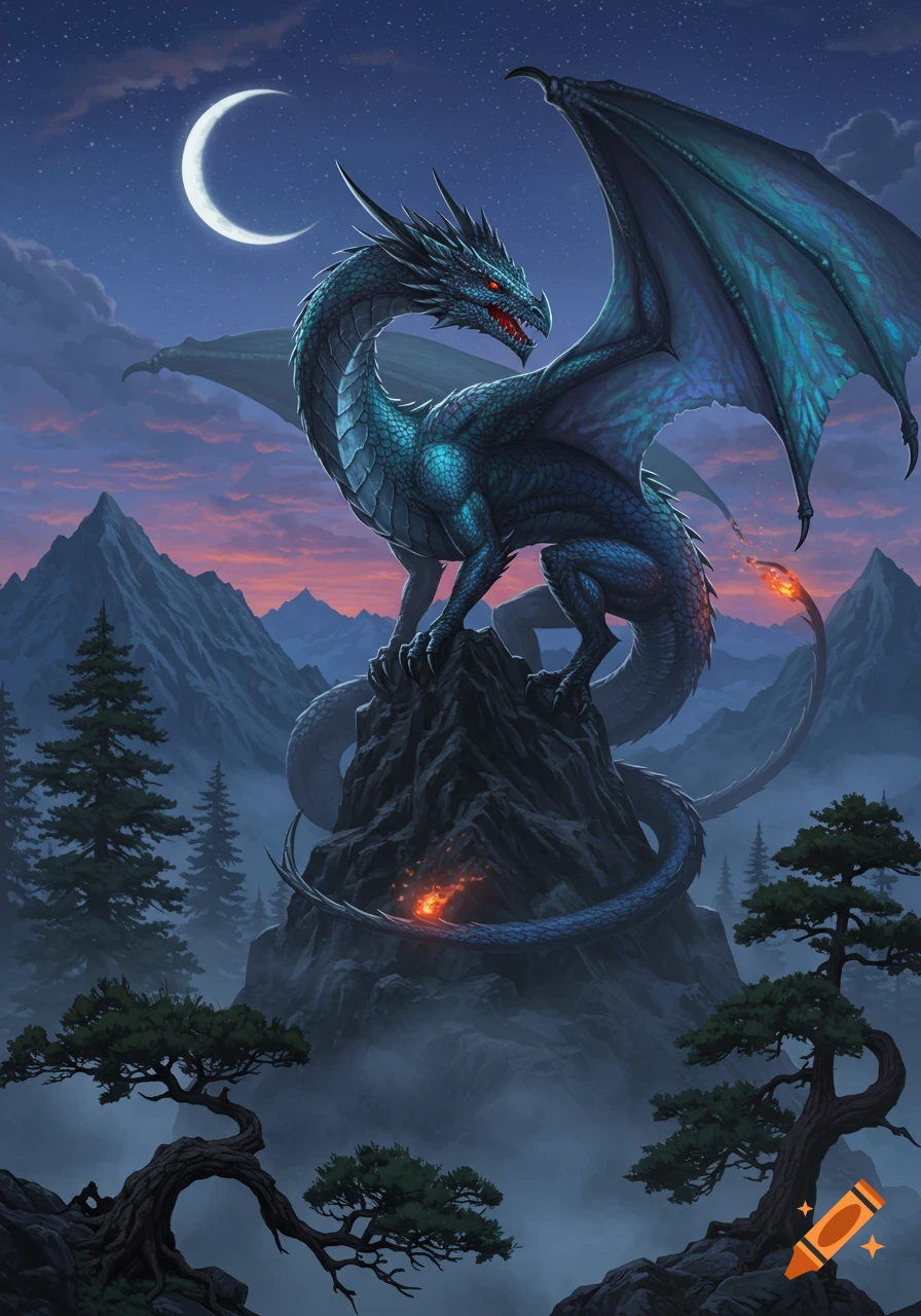 A majestic blue dragon with glowing red eyes stands atop a rugged mountain peak under a crescent moon and a vibrant purple-pink twilight sky.