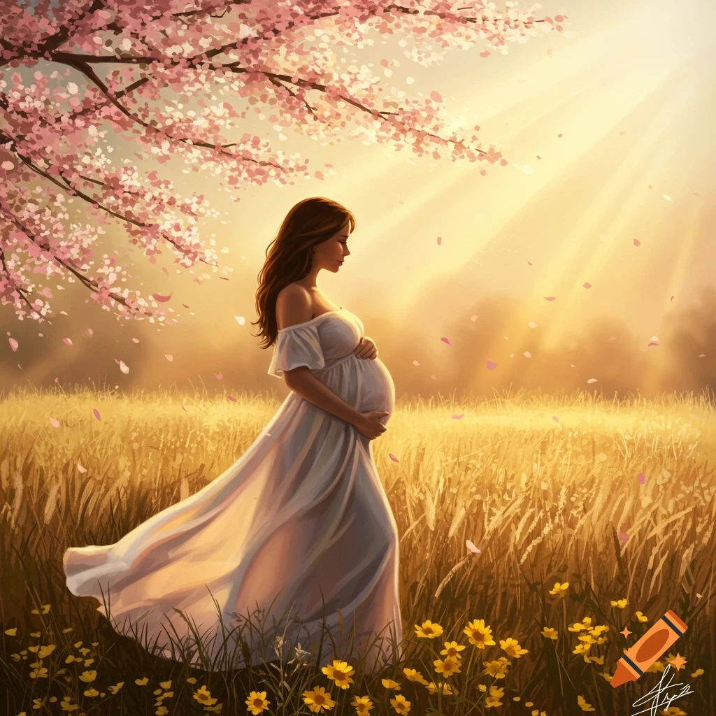 An artistic illustration of a pregnant woman in a white dress standing in a golden field under a cherry blossom tree, bathed in sunlight.