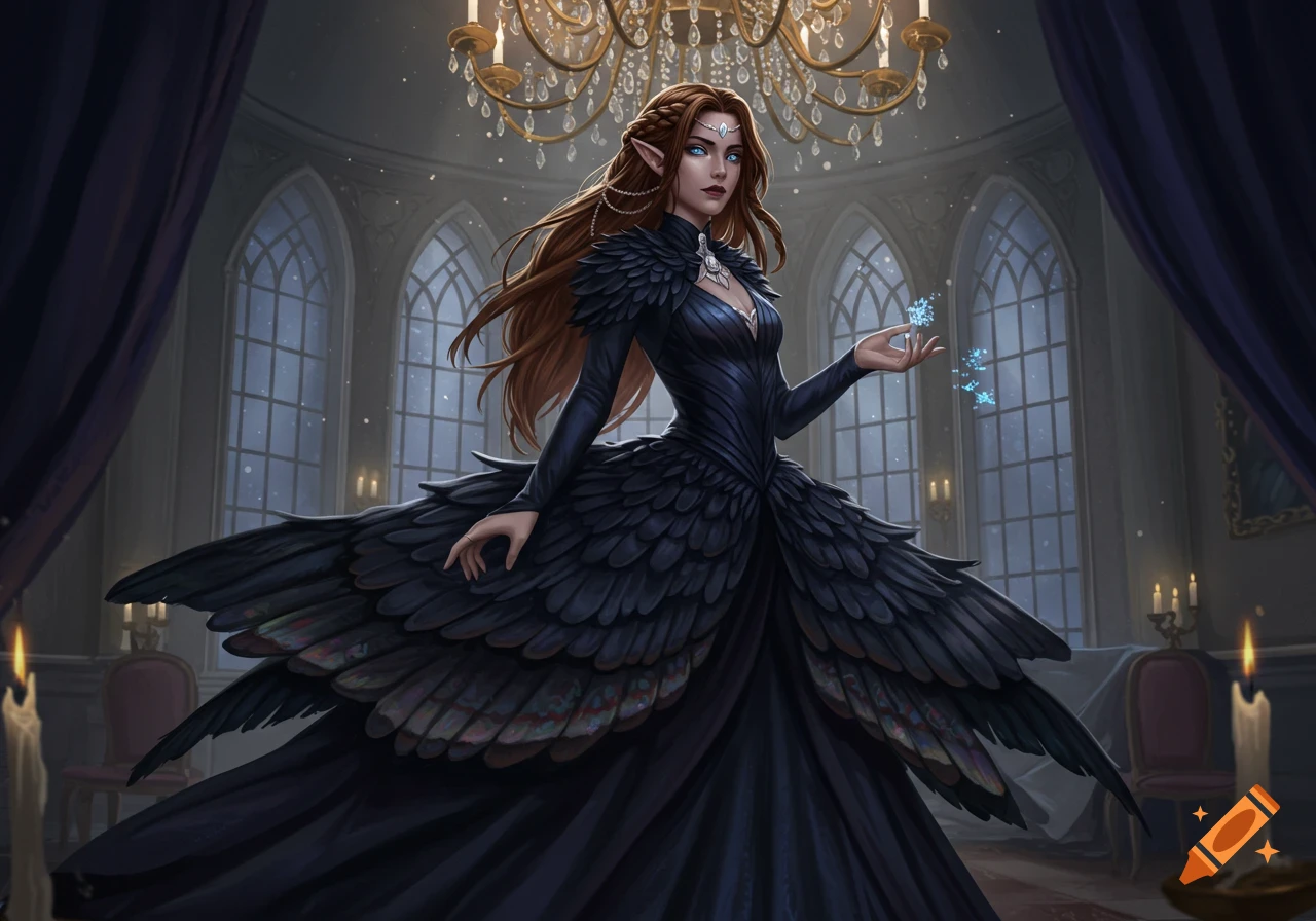 An elegant elf-like woman in a dark feathered ball gown, with long brown hair and blue eyes, holds glowing blue magic in a grand hall.