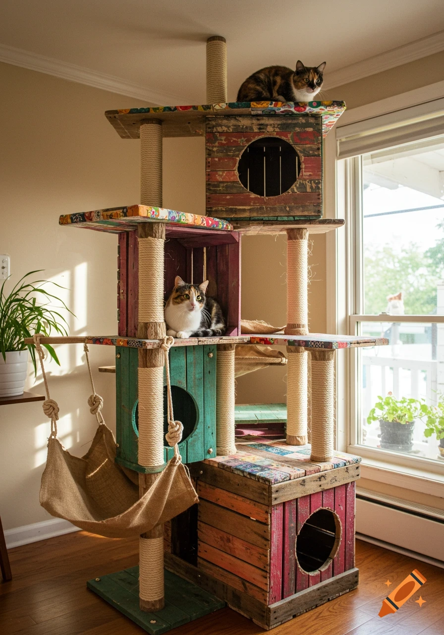 Two cats lounge on a colorful, multi-level DIY cat tree made from distressed wooden crates and rope, in a sunlit room.