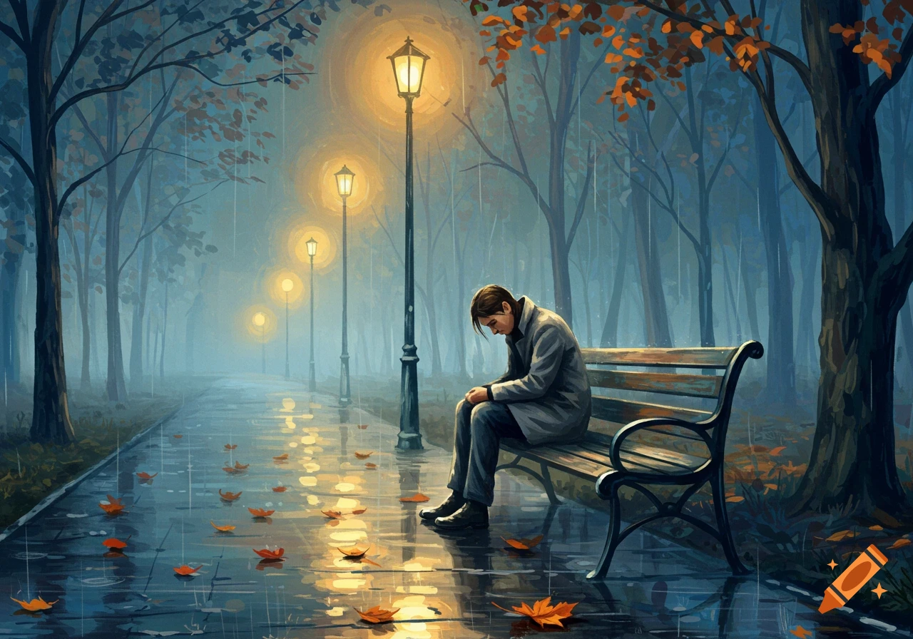 A painting of a lone person sitting on a park bench in the rain under streetlights, with fallen autumn leaves on the wet path.