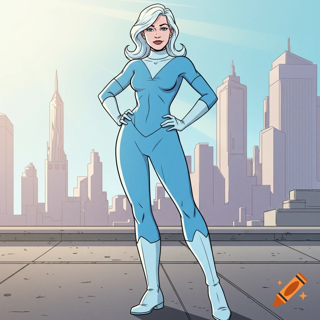 A female superhero with white hair in a blue and white suit, standing on a rooftop against a city skyline in cartoon style.