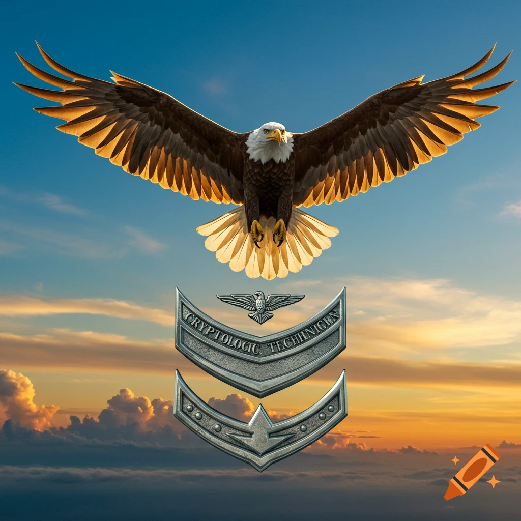 A majestic bald eagle with outstretched wings soars above two military chevrons and a 'CRYPTOLOGIC TECHNICIAN' rating badge, set against a cloudy sunset sky.