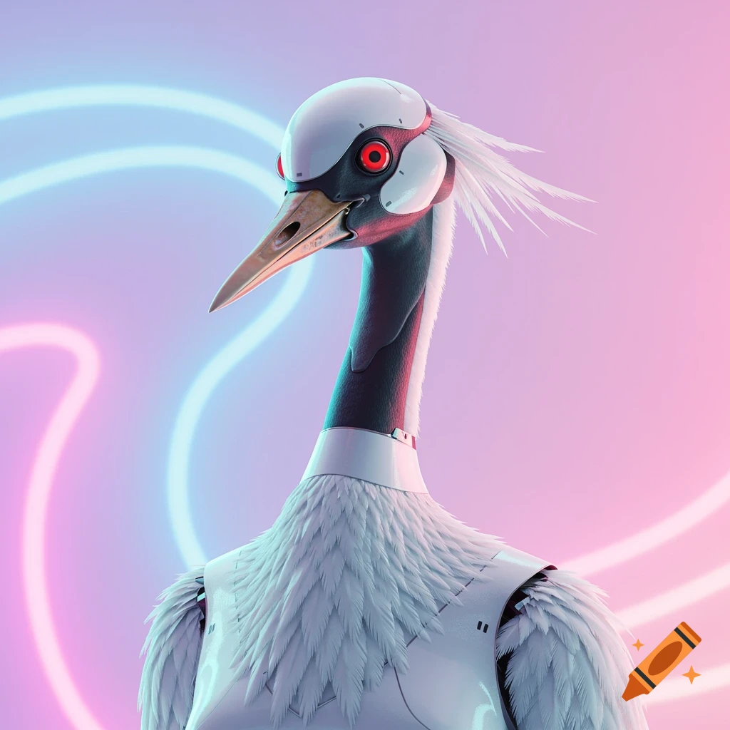 A highly detailed humanoid crane bird in white and chrome cybernetic armor with glowing red eyes against a pastel neon background.