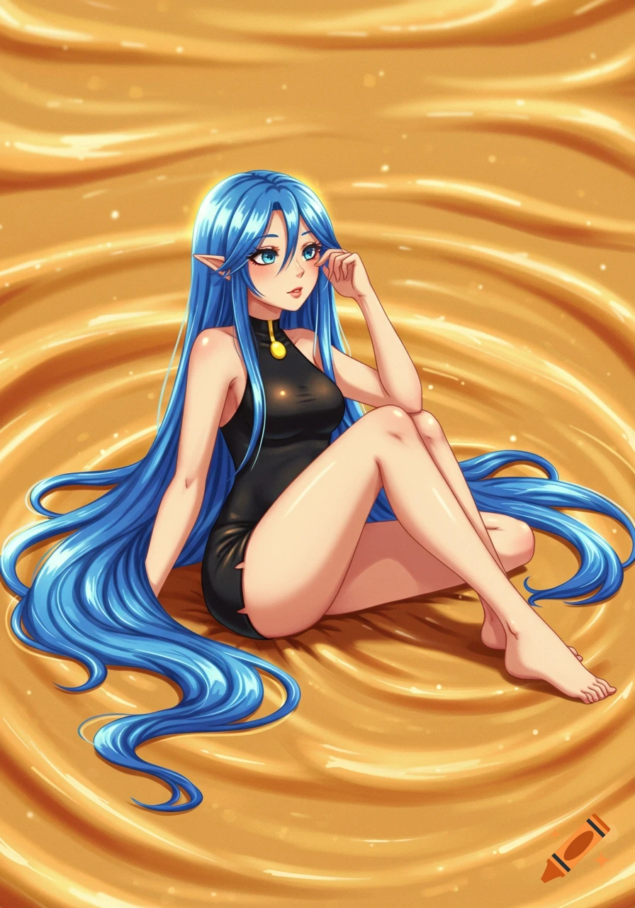 Anime woman with long blue hair and elf ears, wearing a black dress, sitting in a pool of golden, wavy substance.