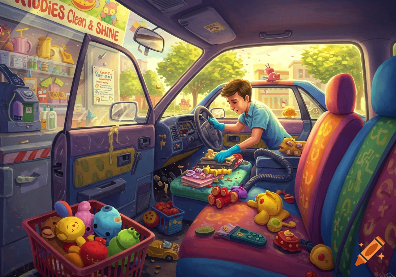 A man in blue gloves cleans the messy interior of a car filled with colorful toys and a red basket at a cleaning business. Stylized illustration.