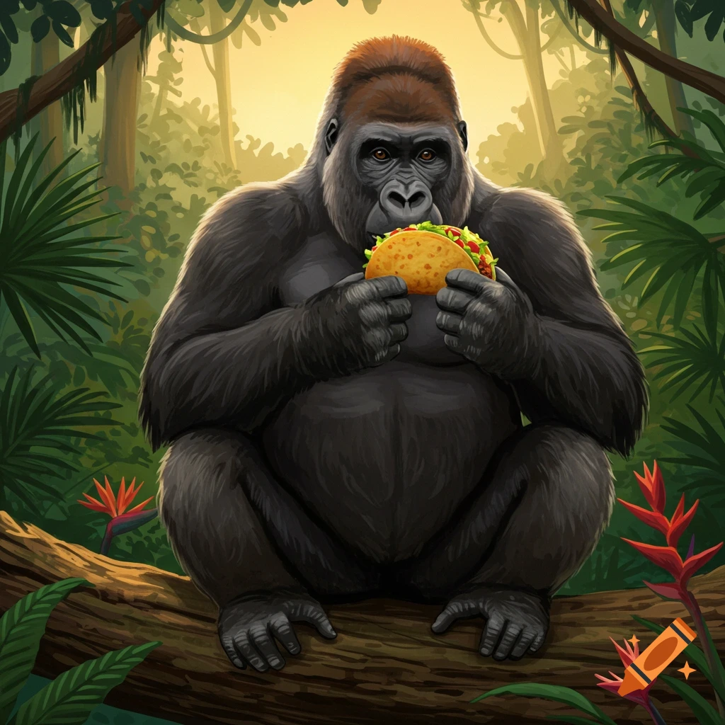 A gorilla sits on a log in a jungle, holding and eating a taco. Illustrated style.