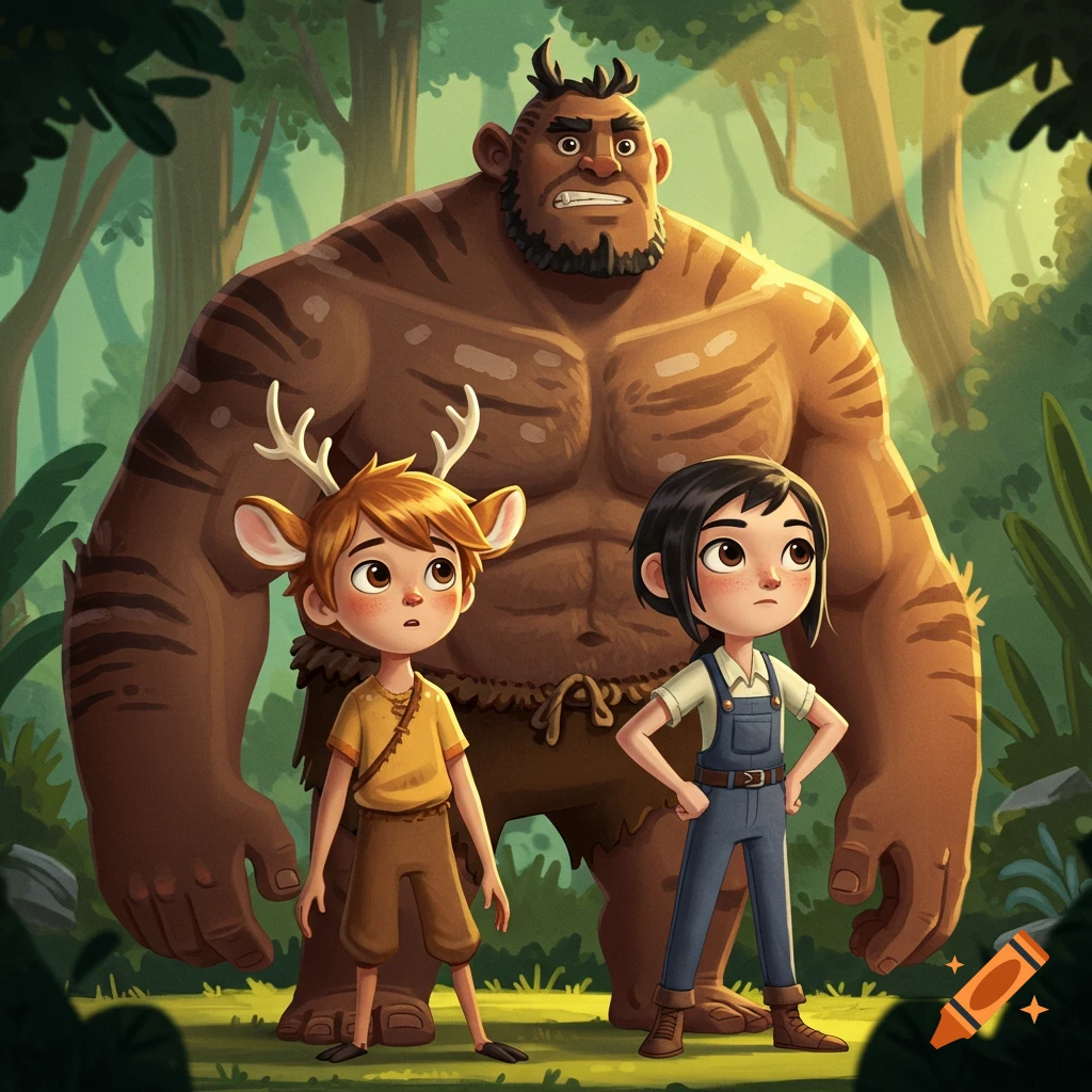 An animated image of a large man, a deer-boy, and a girl standing in a sunlit forest.