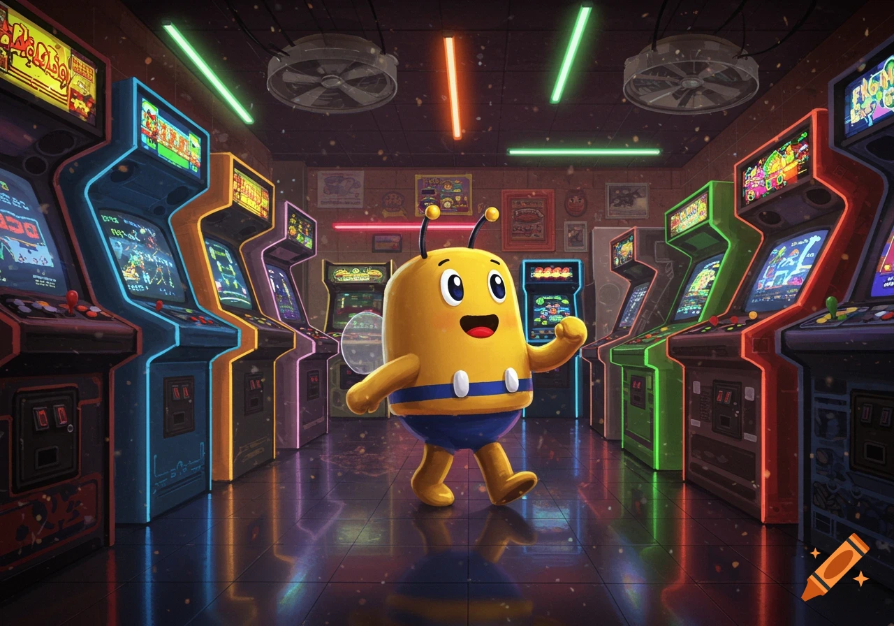 A cheerful, yellow, cartoon bee character with blue stripes walks through a brightly lit arcade full of colorful gaming machines.