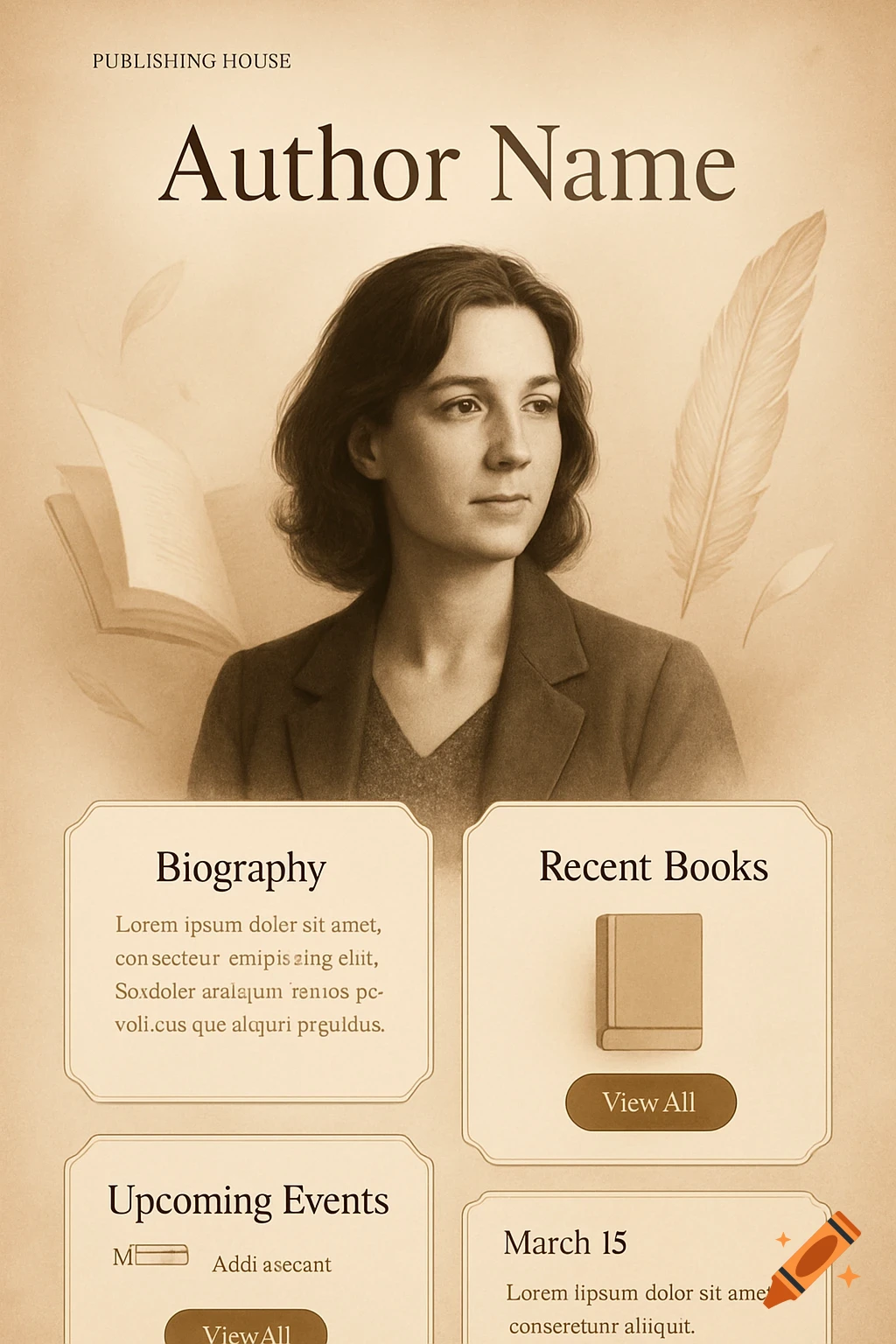 Vintage-style author's webpage design featuring a central portrait of a woman, a feather, and sections for biography, books, and events.