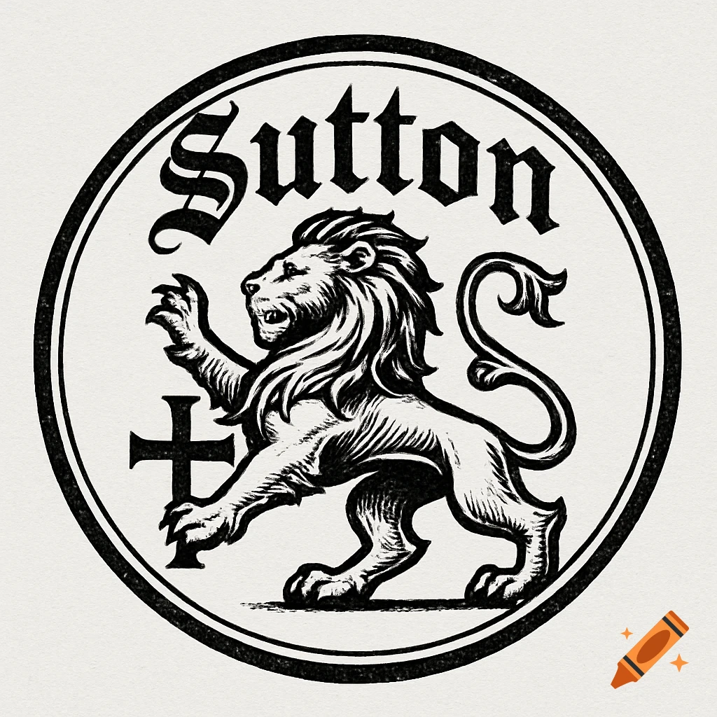 Black and white round logo with a medieval heraldic lion, a cross, and the name 'Sutton'.