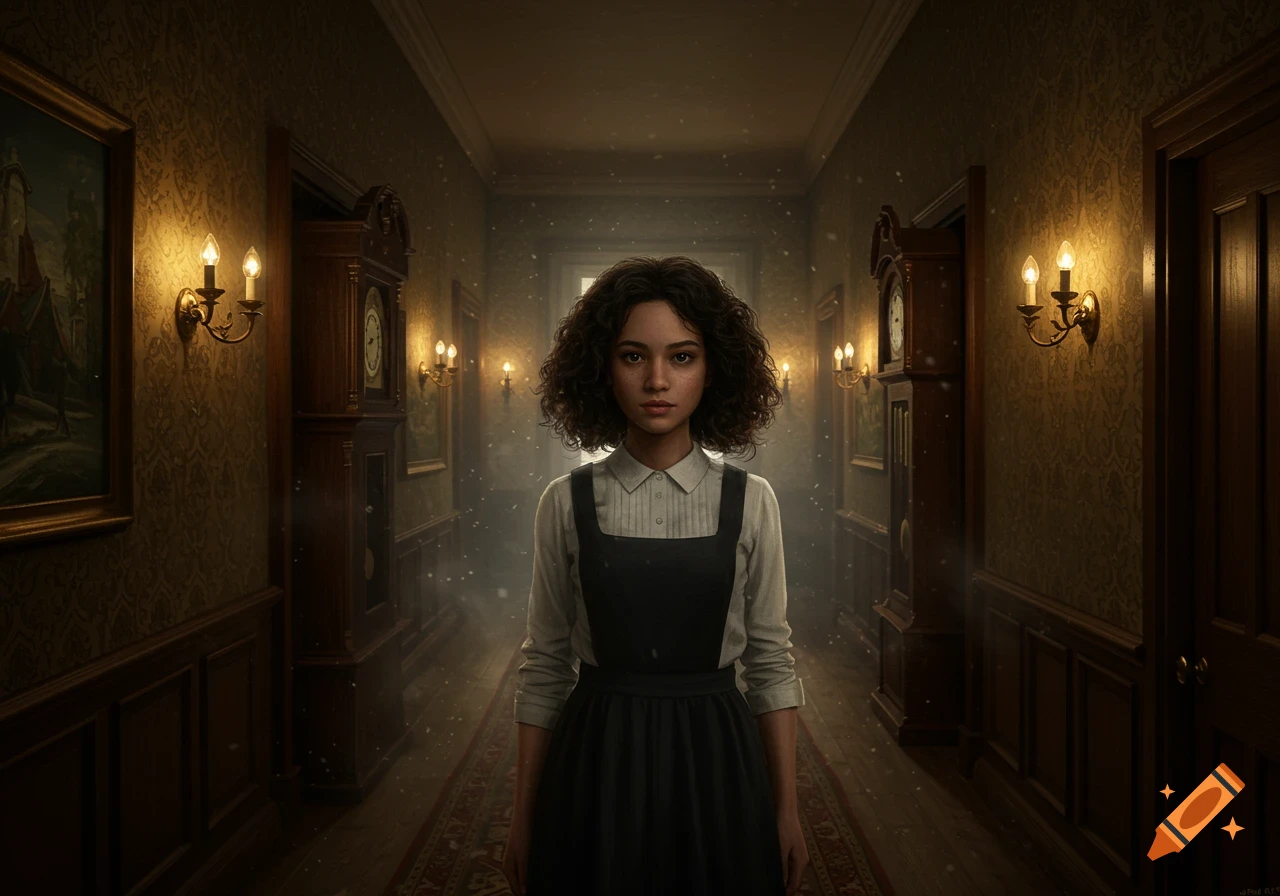 Photorealistic portrait of a young girl with curly hair standing in a dimly lit, gothic hallway with grandfather clocks and ornate wallpaper.
