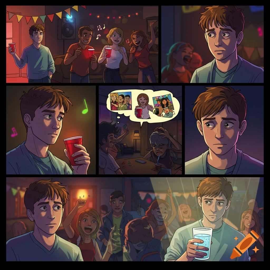 A comic strip showing a young man at a party, looking uncomfortable while friends drink and have fun, eventually holding water.